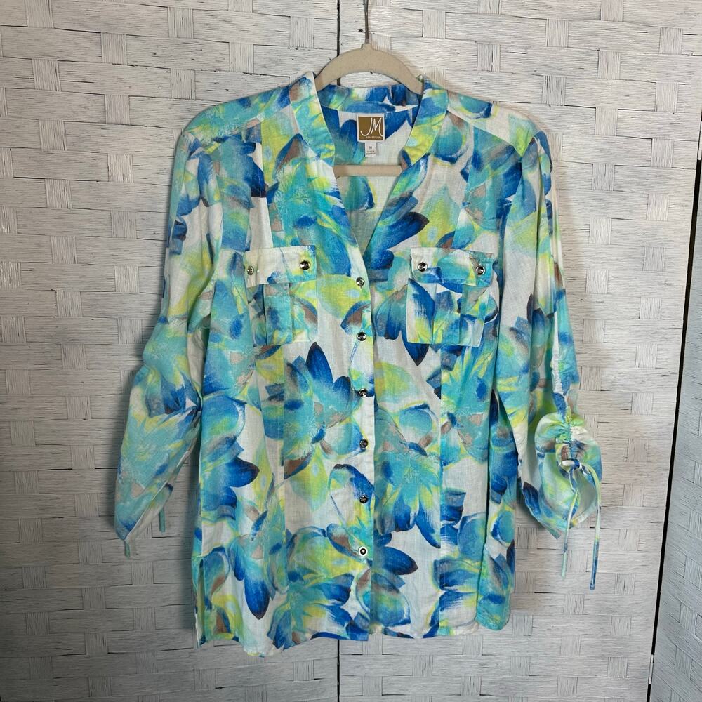 JM Collection Womens Blouse Linen Button Up Floral Coastal Grandma feminine